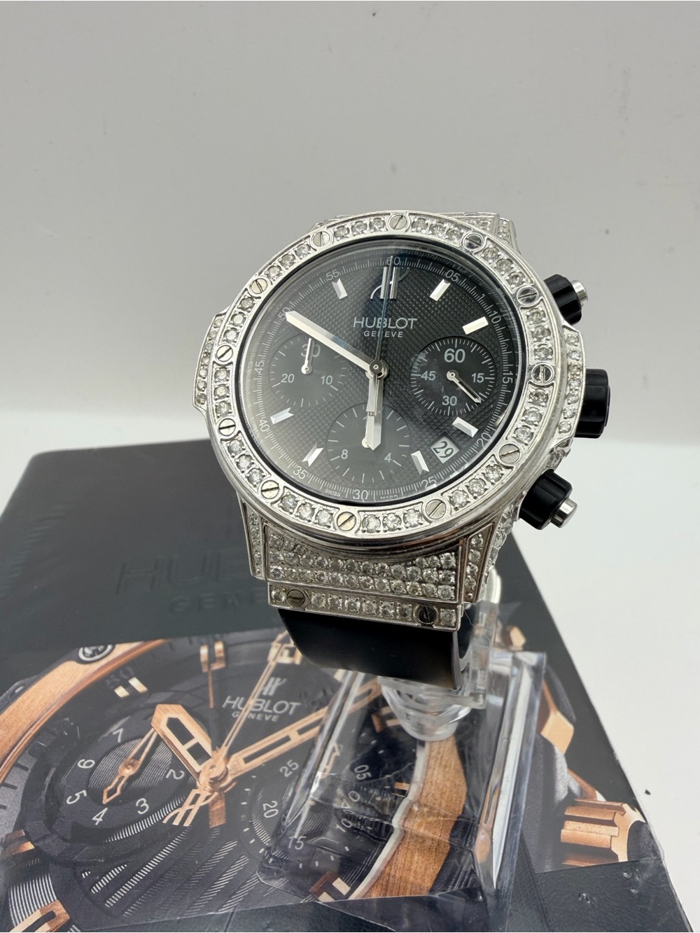 Hublot Men's Black Dial Chronograph Watch Full Iced Out Natural Diamond